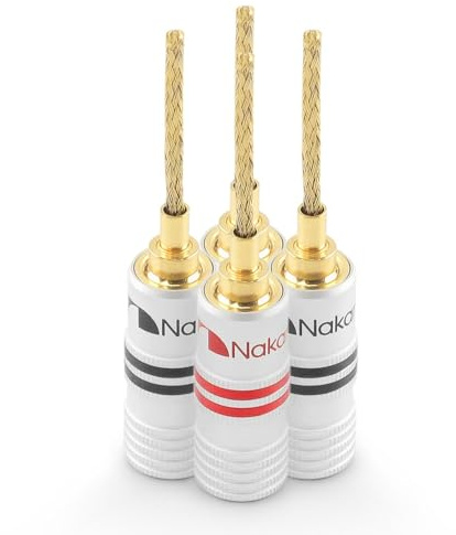 Nakamichi GrubLock Excel Series 24k Gold Plated Flex 2mm Pin Banana Plugs 10 AWG - 18 AWG Gauge Size for Spring Clip Terminal Speakers Amplifier Hi-Fi Wire Cable, Screws Connector, 4 Pcs (2 Pairs)