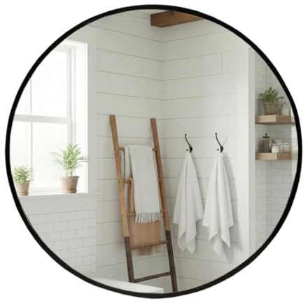 Round Wall Mirror Black 50cm Diameter Self-Adhesive Slim PVC Frame No Drill | Wall Mount, Stick on Decorative Mirrors, Modern Glass Vanity Mirror, For Bathroom, Bedroom, Living Room, Entryway