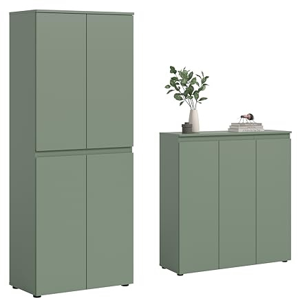furnling Universalschrank-Set Sarca, Smoke Green, 7 Türen, 19 Fächer, mit Kleiderstange, Mehrzweckschrank-Set mit 15 verstellbaren Einlegeböden, Breite 190 cm