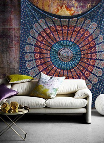 Popular Handicrafts Kp749 Tagesdecke für King-Size-Betten, Hippie-Mandala, böhmisches psychedelisches Blumendesign, indisches Design, magisches Denken, Tapisserie, Kingsize, Blau, Kingsize, 230 x 270