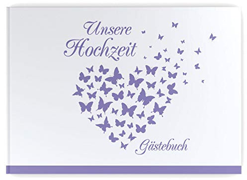 DeinWeddingshop Gästebuch Hochzeit - Hardcover, ohne Fragen, A4 quer, Hochzeitsalbum Hochzeitsgästebuch Hochzeitsbuch Butterfly Heart (Flieder/lila)