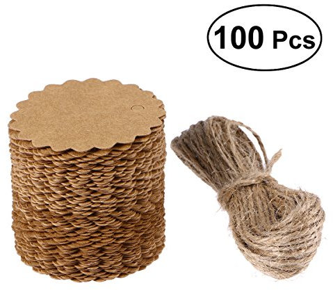 VORCOOL 100 Stück 60 mm runde gewellte Kraftpapierkarte/Geschenkanhänger/DIY-Etikett/Gepäckanhänger/Preisschilder mit 10 m Jute-Schnur (braun)