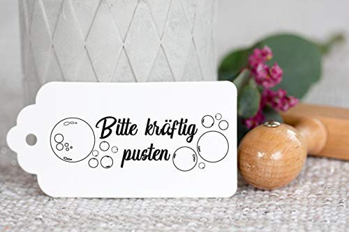 Hochzeitsstempel mit Holzgriff Seifenblasen 5x2cm / Bitte kräftig pusten/Wedding Bubbles/Anhänger
