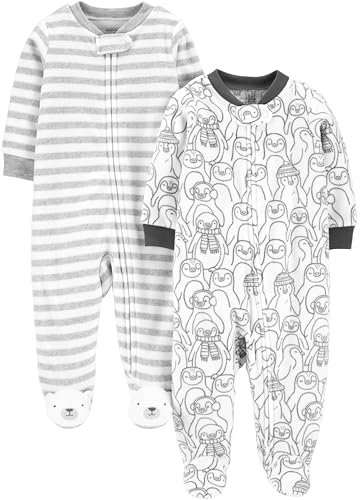 Simple Joys by Carter's Unisex Baby Schlaf- und Spielanzug aus Fleece mit Füßen, 2er-Pack, Pinguin/Streifen, Frühchen