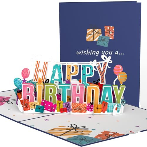 Lovepop® 3D Pop-Up Karte Geburtstag Happy Birthday Geburtstagskarte mit buntem Schriftzug, Geschenken und Ballons | inkl. Umschlag & Versteckfach für Geld & Gutscheine