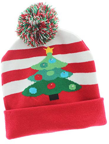 MIK funshopping Lustige Weihnachtsmütze Pudel-Mütze Beanie-Hat mit PomPom und LED Licht (Xmas Tree)