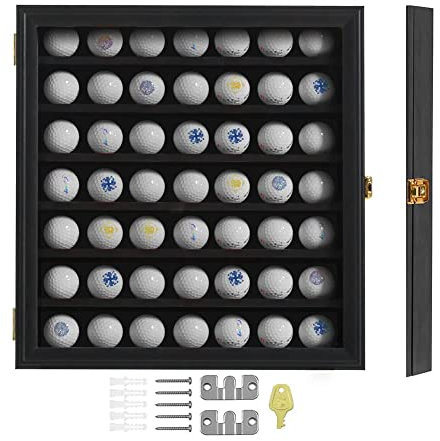 KCRasan Vitrine Verrouillable pour 49 Balles de Golf - Support Mural en Verre Véritable - Présentoir pour Amateurs de Golf - Noir