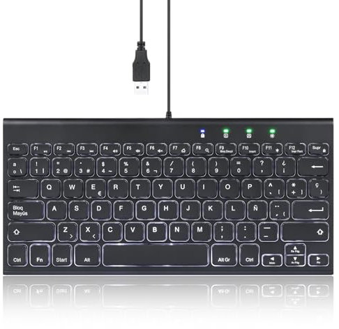 Perixx PERIBOARD-429 Mini Teclado con retroiluminado, Diseño Delgado y Ligero; Teclas Multimedia, para PC, Laptop, Negro, Layout QWERTY español
