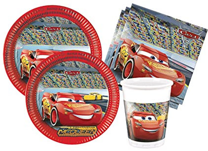Isola Party Kit festa di compleanno Cars 3 per 8 persone eco-friendly (8 piatti di carta ⌀ 23 cm, 8 bicchieri di plastica 200 ml, 20 tovaglioli di carta 33x33 cm)