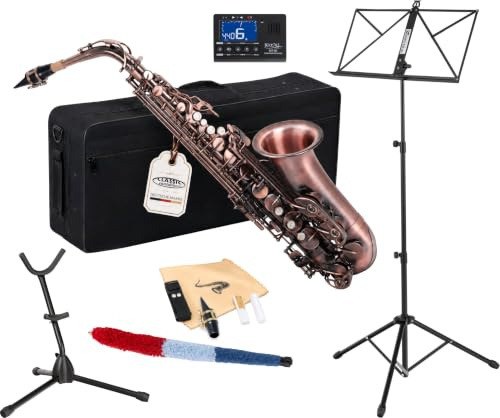 Classic Cantabile AS-450 Antique Red Altsaxophon Set, Altsax aus Messing | Antique Red Vintage Lackierung, Hoch-Fis-Klappe, Voller, warmer Klang, Sehr ergonomische Klappenmechanik, Schnelle Ansprache