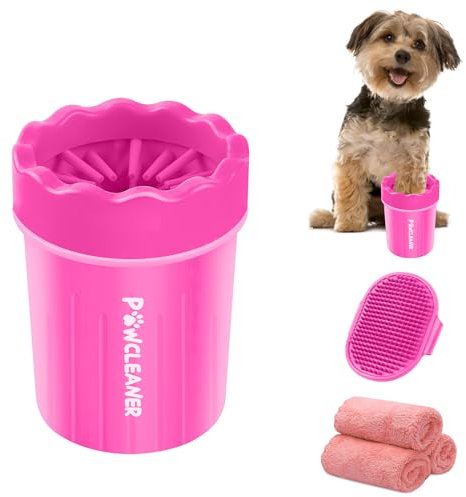 Comotech Hundepfotenreiniger, tragbare Hundepfotenreiniger, Haustier-Reinigungsbürste mit 3 saugfähigen Handtüchern, Haustier-Fußreiniger für kleine Hunderassen (rosa)