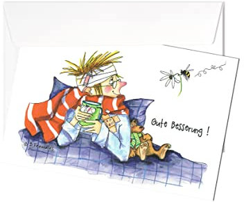 Grußkarte | Gute Besserung! | Mann im Bett mit Tee | Postkarte Klappkarte Karte mit Briefumschlag | Künstlerin: Barbara Freundlieb