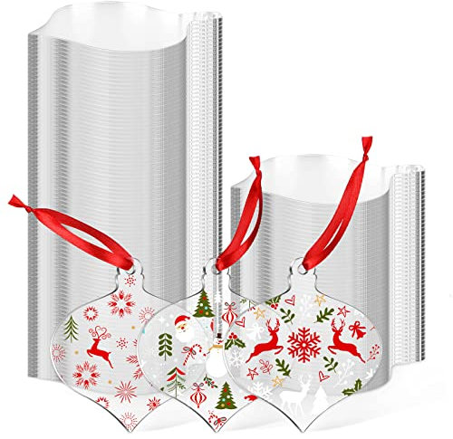Klares Acryl Weihnachtsschmuck Acryl Weihnachten DIY Tag mit Pfirsich Herzform Blanko Acryl Weihnachtsschmuck mit rotem Band für Weihnachtsbaum Dekoration Tag DIY Handwerk (100, 3 Zoll)