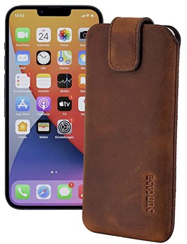 Suncase ECHT Ledertasche Leder Etui *Slim-Edition* kompatibel mit iPhone 14 (6.1) Hülle (mit Rückzugsfunktion und Magnetverschluss) in antik-Coffee