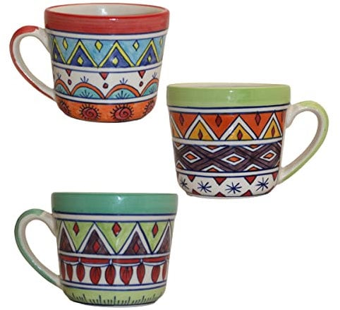 Handbemalte bunte Kaffeetassen groß XL in einem 3er Set. Steingut Geschirr set. Tasse groß Ethno