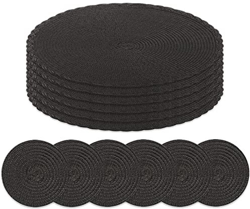 wiipara Tischsets Rund 12er Set, Weihnachten Platzsets Abwaschbar und Untersetzer Hitzebeständig Geflochtene Platzsets Platzdeckchen Tisch-Matten für Küche, Hochzeit, Party (Schwarz)