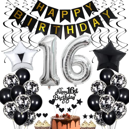 16. Geburtstag Dekoration,Schwarz Tortendeko Geburtstag 16 Jahre Junge,Black and White Party Deko,16 Geburtstag Mädchen Junge,Tortendeko 16. Geburtstag Junge Mädchen,Geburtstagsdeko 16 Jahre Mädchen