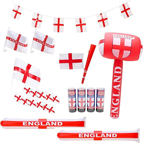 Toyland® 24 Piece England Bundle – Inflatable Hammer, 2 x Car Flags, Flag & Horn, 2 x Bang Bang Sticks, 12 x Hand Flags, 10m Bunting & 4 x Party Poppers - Euros & World Cup Party