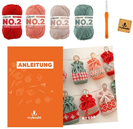 myboshi Häkelset Adventskalender Hygge, inkl. No.2 Wolle, Nadel und Anleitung, original Label, Häkelpaket, 85% Baumwolle, 15% Kapok Rot, mit Häkelnadel
