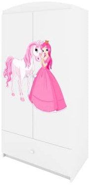Babydream Kleiderschrank Prinzessin und Pferd – aus Spanplatten, 90 x 57 x 187 cm, Farbe Weiß, mit Regalen und Schublade
