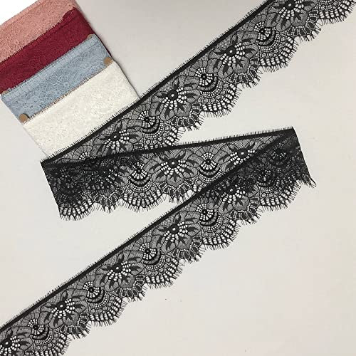 9.5 cm (B)x300 cm (L) schwarzes Spitzenband, florale Wimpernspitze zum Verlängern von Ärmeln, Dessous, Kragen, keine Elastizität, angenehmes Gefühl (2 Stück), Schwarz