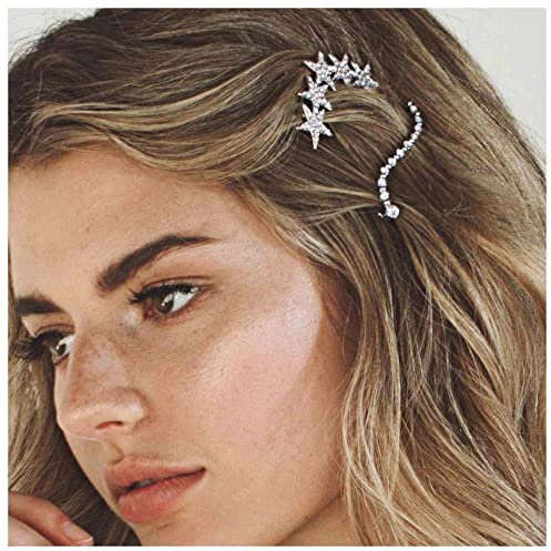 Yheakne Boho Kristall Mond Stern Haarspange Cz Stern Haarspange Silber Strass Mondsichel Haarspange Cz Haarspange Kopfbedeckung Dekorative Kopfbedeckungen Für Frauen Und Mädchen(silber Stern Und Mond)