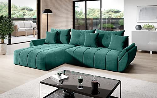 Vigo Velvet Monolith Ecksofa in L-Form 280 cm x 190 cm - Schlafsofa mit Bettkasten - Couch mit Stauraum und Kissen - Sofa mit Schlaffunktion - Ausziehbares Schlafsofa - Farbe: Grün (M-37)