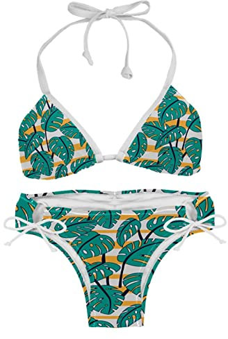 Monstera Bikini-Sets für Damen, gestreift, Orange / Weiß, Mehrfarbig, XXL