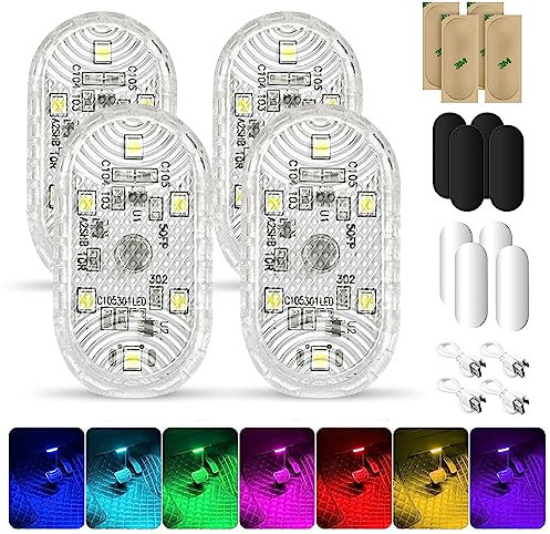 4Pcs RGB Éclairage Intérieur de Voiture, Eclairage d'ambiance pour l'intérieur de la Voiture,Lampe Tactile 7 Couleurs LED, Plafonnier Rechargeable USB