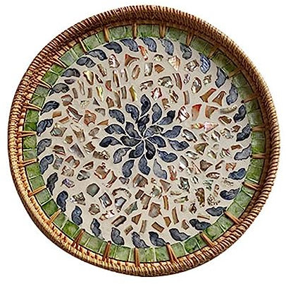 Rundes Rattan-Serviertablett, handgewebtes Mosaiktablett mit Holzsockel, dekoratives Ausstellungstablett, Aufbewahrungsplatten, Weidengeflecht, Lacktablett, Lebensmittelkorb für Couchtisch,