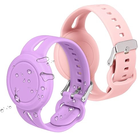 AXFEE AirTag Étuis de Protection, Silicone Bracelet Airtag pour Enfants, Housse de Protection AirTag Key Finder pour Enfants (Rose + Violet, Boucle)