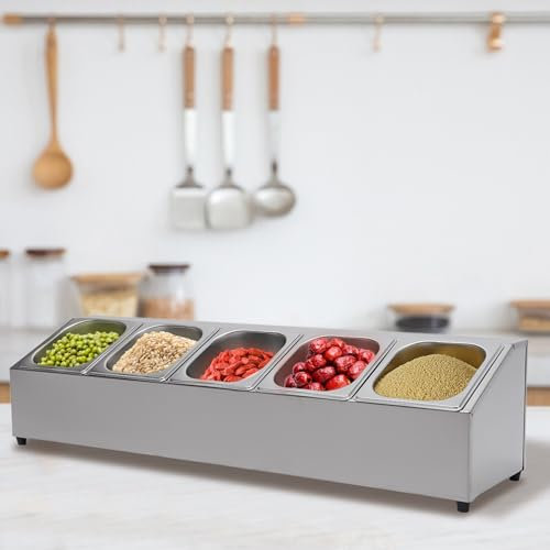 SanBouSi Pizza Zutatenbehälter Edelstahl Behälter mit Deckel, 5 Behälter Verdickung Beilagenbehälter Küche Barbehälter GN Aufsatzbord Behälter Gestell