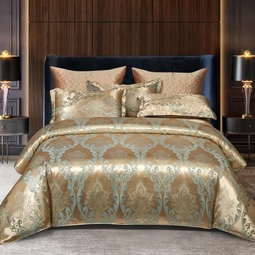 DXHOME Satin Bettwäsche 200 x 220 Gold Glatt Glänzend Bettwäsche Luxuriös Wendebettwäsche Set 3teilig Jacquard Blumenmuster Bettbezug Sets mit Reißverschluss und 2 Kissenbezüge 80 x 80cm
