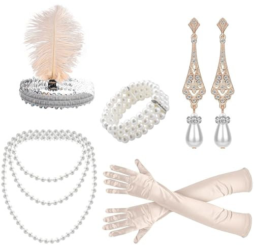 BDSHUNBF 5 Teiliges 20er Jahre Accessoires, 1920er Jahre Zubehör Set, 1920s Flapper Great Gatsby Accessoires, Charleston Kostüm 1920 Zubehör-Set, Stirnband Handschuhen Halskette Ohrringen für Fraue