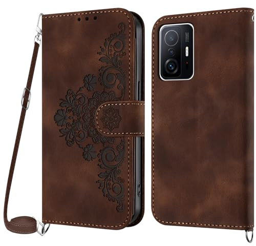 Netany Handykette Hülle für Xiaomi Mi 11T/11T Pro, Handyhülle für Xiaomi Mi 11T/11T Pro Hülle mit Kette Klappbar, PU Leder Necklace Klapphülle und Umhängeband Lanyard Flip Schutzhülle mit Band (Braun)
