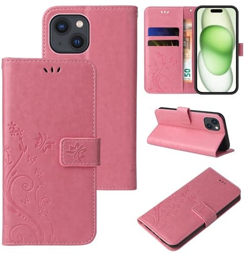LBH Funda para Apple iPhone 15, diseño de mariposas, flores, función atril, magnética, protección completa, 360 grados, oro rosa