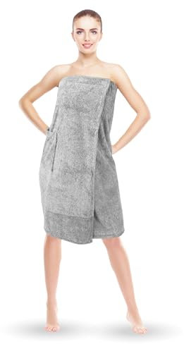 Bestlivings Sauna Kilt Damen Flauschig (Grau) - 80x145cm One Size - Saunahandtuch mit Gummizug und Knopfverschluss - Saunatuch Knielang