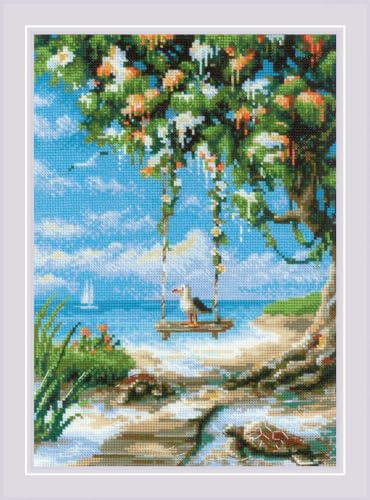 RIOLIS 2215 Strandschaukel Zählmuster-Kreuzstich-Set 21 x 30 cm | Stickvorlage & Nadel inklusive, Stick-Geschenkset