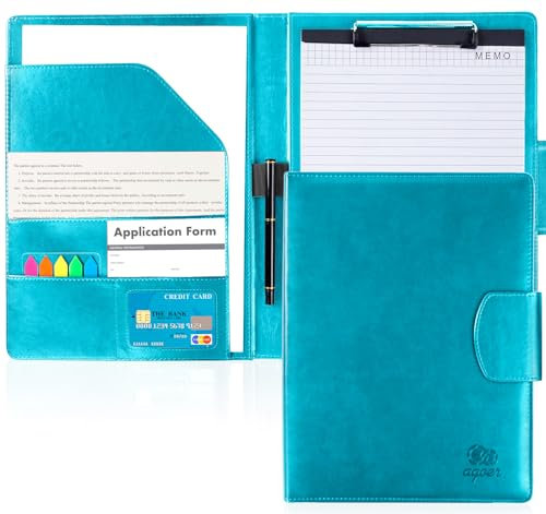 Agoer Porte Documents Cuir A4, Premium Portfolio avec Fermeture Magnétique, Multifonctionnel Classeur à Clip avec Papier et Stylo, Conférencier pour Réunion, Bureau, École - Bleu Pao