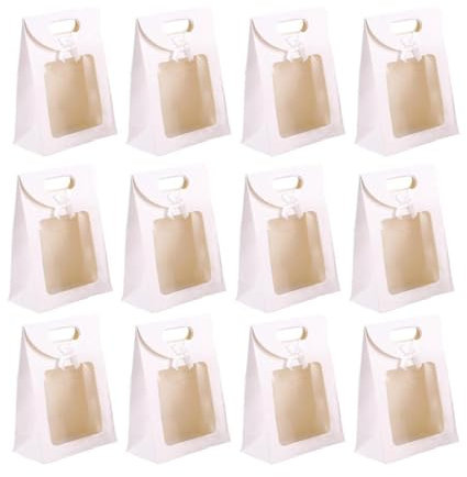 NIYATA Sac Cadeau Transparent Avec Fenêtre, Blanc Petit Format 20 x 14 x 7 cm, Avec Poignée Pour Emballer Cadeaux, Biscuits et Bonbons (12 Pièces)