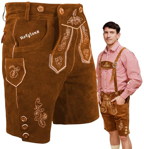 HOFGLANZ Herren Lederhose, traditionelle Trachtenhose in Hellbraun und Dunkelbraun, Größen 46-58 (DE/NL/SE/PL, Numerisch, 54, Regular, Regular, mittelbraun)