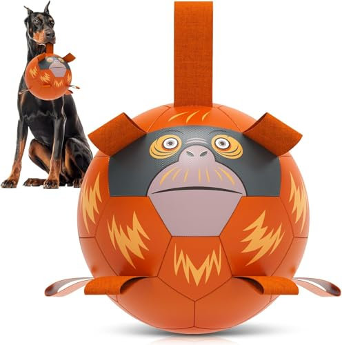 HETOO Dog Football with Straps, Interactive Toys for Tug of War, Puppy Birthday Gifts, Dog Tug Toy, Durable Dog Balls for Medium & Large Dog - Chimpanzees(8 Inch)