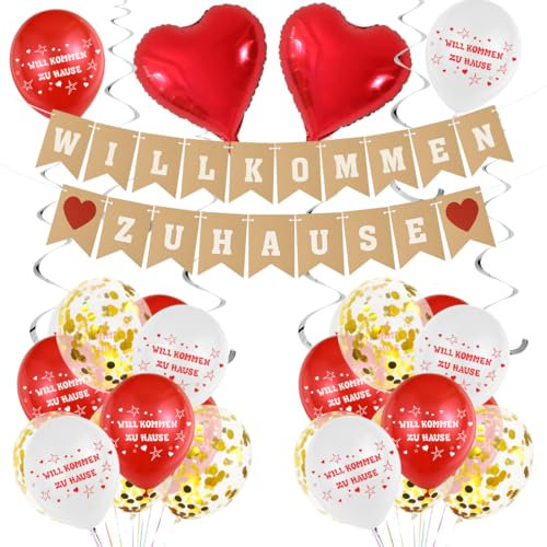 Willkommen Zuhause Deko, Willkommen Zuhause Girlande, Luftballons Rot Weiß Konfetti, Hängende Wirbel, Welcome Home Deko, für Babyshower Familienfeiern Einweihung Party Dekoration