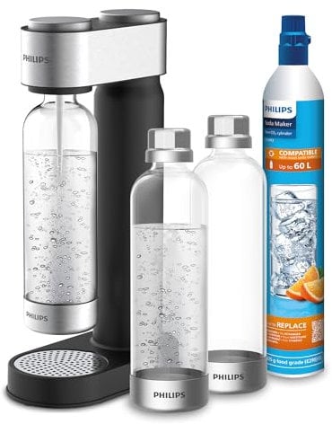 Philips Water Wassersprudler GoZero 3× 1 L BPA-freie Wasserflaschen + 1× CO2-Zylinder schwarz für bis zu 60 L Wasser mit Kohlensäure