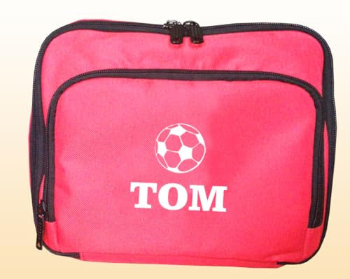 PROSTYLE SPORTS Personalised Lunch Bag Childrens School Insulated Snack Box for Kids Boys and Girls (Red (Football))