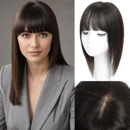 Haaraufsatz für dünner werdendes Haar, Echthaar-Topper für Frauen mit Pony, Echthaar, 30,5 cm, 16,5 x 16,5 cm, große Basisabdeckung