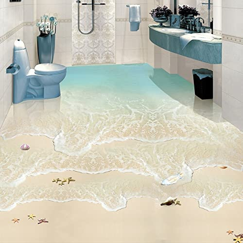 Beach Waves 3D Photo Wallpaper Floor Mural Self Adhesive PVC Waterproof Bathroom Floor Tile Sticker Ocean Theme Wall Decal for Home Decor