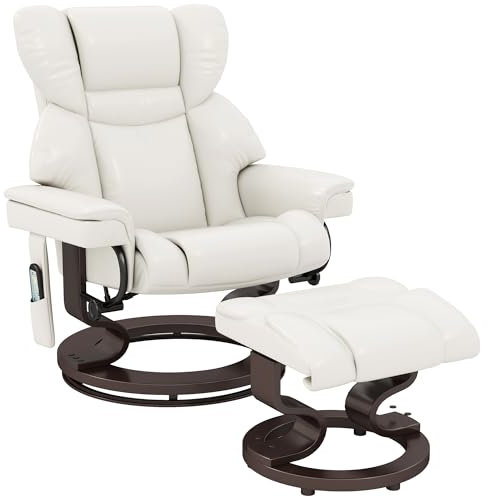 HOMCOM Relaxsessel mit Hocker, 360°drehbarer Fernsehsessel mit Massage, Liegefunktion, Massagesessel mit Seitentasche, Liegesessel, Kunstleder für Wohnzimmer Cremeweiß