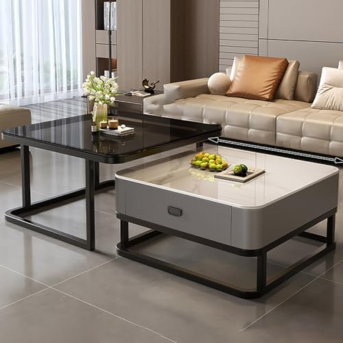 Couchtisch 2er Set, Couchtisch Mit Schublade, Wohnzimmertisch, Zusammensetzbarer Couchtisch Mit Schubladen, Quadratisches Couchtisch-Set, Schiefer und Glas, Platzsparend, Geeignet für Wohnzimmer Und B