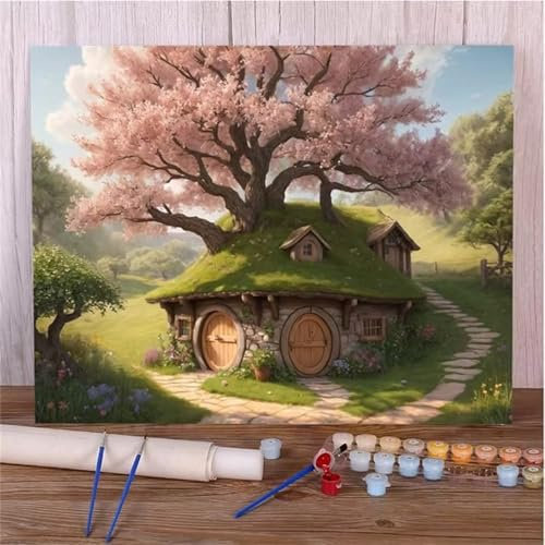 Aimaor Malen Nach Zahlen Erwachsene Rosa Baumhaus,DIY Paint by Numbers Kit mit 3-Pinseln und Acrylfarbe Leinwand Handgemalt Ölgemälde für Home Decor(Rahmenlos) - 45x60cm